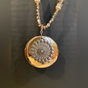 Silver & gold tone pendant necklace bold faceted glass bead Boho flower